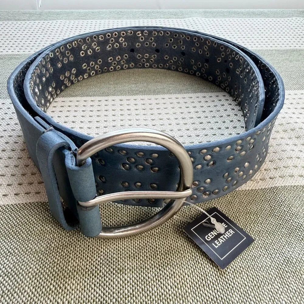 Blue Leather Belt Silver Buckle & Studs Women's S NEW